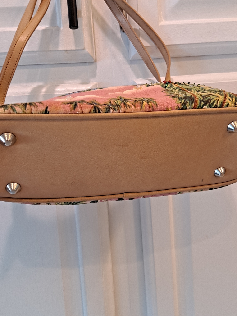 Fossil Forever Vintage 90s Pink Tropical Print Shoulder Bag W/Tan Leather Straps - Picture 4 of 13